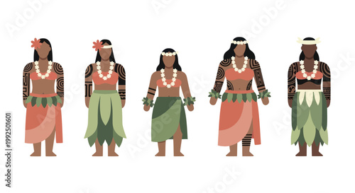 Group of five Hawaiian women in traditional hula attire.
