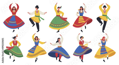 Group of people in traditional Hungarian folk costumes dancing with energy.