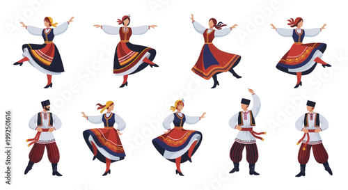 Group of people in traditional folk costumes dancing with energy and joy.