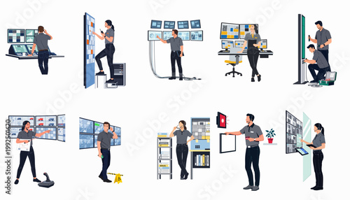 Set of professional security and control room operators monitoring data, surveillance systems, and logistics in modern command centers, flat vector illustrations.