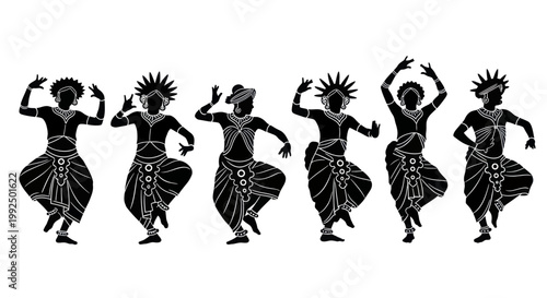 Group of Six Silhouetted Dancers in Traditional Attire Performing a Synchronized Dance.
