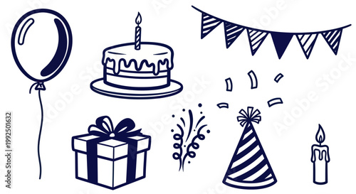Hand Drawn Birthday Party Celebration Elements Collection.