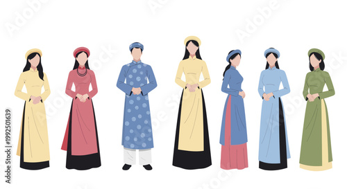 Group of Vietnamese people wearing traditional Ao Dai dresses.
