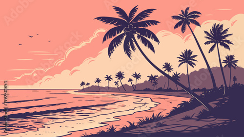 Tropical coastline landscape with palm trees, ocean waves, sunset sky, and island silhouette. Elegant minimal vector illustration perfect for summer banners, travel flyers, and wallpapers.