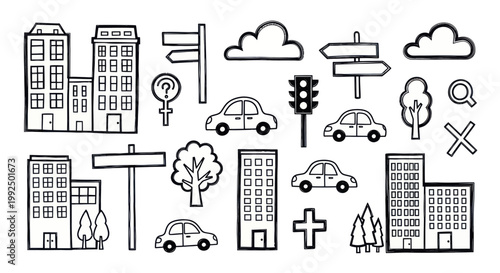 Hand drawn doodle city elements set with buildings cars and traffic signs.