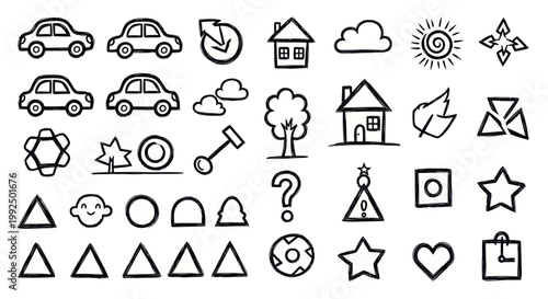 Hand drawn doodle icons set with various symbols and shapes.