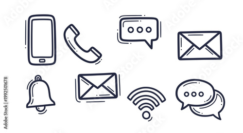 Hand drawn doodle style communication and notification icons set.