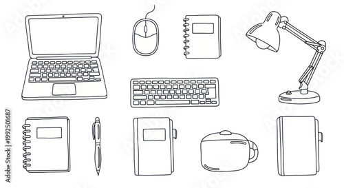 Hand Drawn Doodle Set of Office and School Supplies.