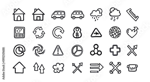 Hand drawn doodle style icon set for web and mobile applications.