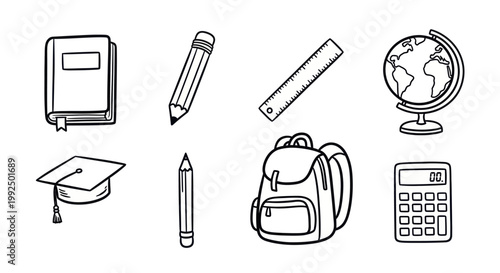 Hand drawn doodle style school supplies and education items set.
