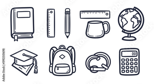 Hand drawn doodle style school supplies and education items set.