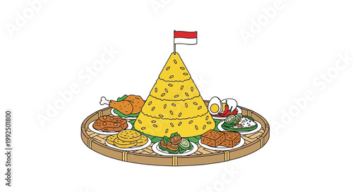 Traditional Indonesian rice cone food display.