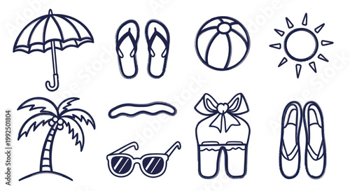 Hand-drawn doodle style summer vacation and beach essentials collection.