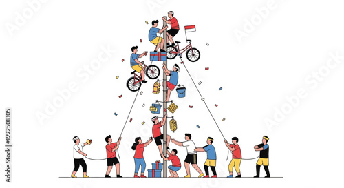 People Holding Up Bicycle Pyramid Structure.