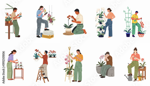 Set of flat vector illustrations depicting people engaged in various orchid cultivation, research, and plant care activities in a greenhouse.