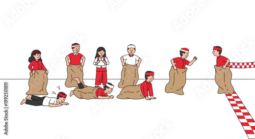 People in burlap sacks racing fun.