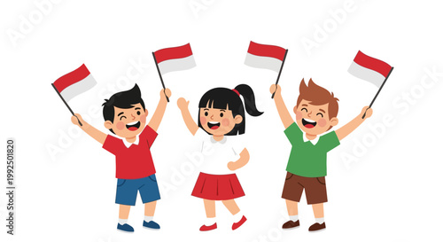 Children holding Indonesian flags smiling.