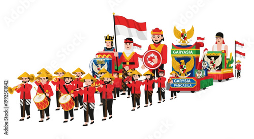 People in red uniform marching band.