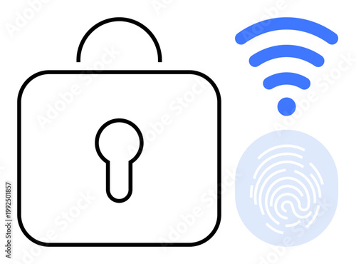 Digital security, data privacy, identity verification, biometric authentication, wireless communication, cybersecurity. Lock with keyhole, wireless symbol fingerprint graphic. Data privacy