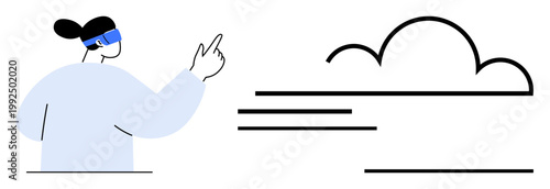 Virtual reality, cloud computing, futuristic technology, data storage, innovation, remote interaction. Person wearing VR headset pointing towards a cloud symbol. Virtual reality and cloud computing