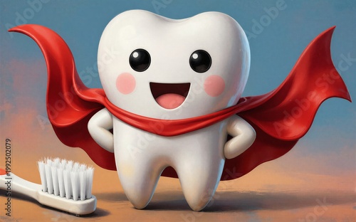Super tooth with red cape stands proudly beside a toothbrush smiling