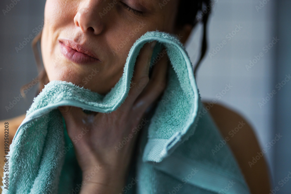 © OchreOchre/Stocksy - Woman Drying Face With Soft Towel After Shower
