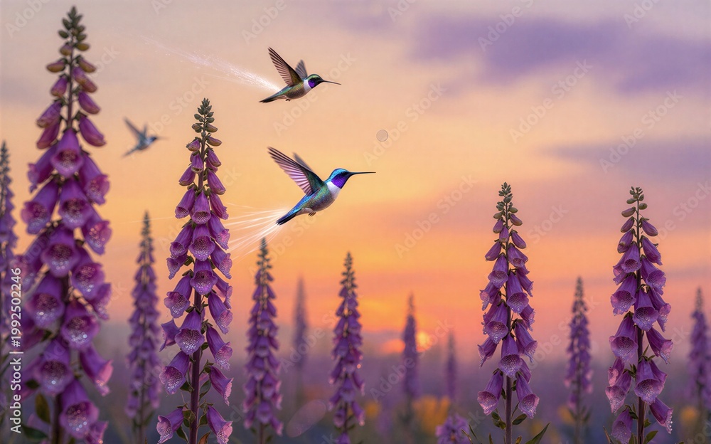 Fototapeta premium Hummingbirds dance among purple foxgloves at golden sunset.