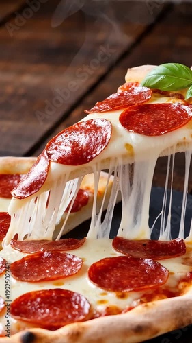 Hot slice of pepperoni pizza with melted stretching mozzarella cheese and basil leaf