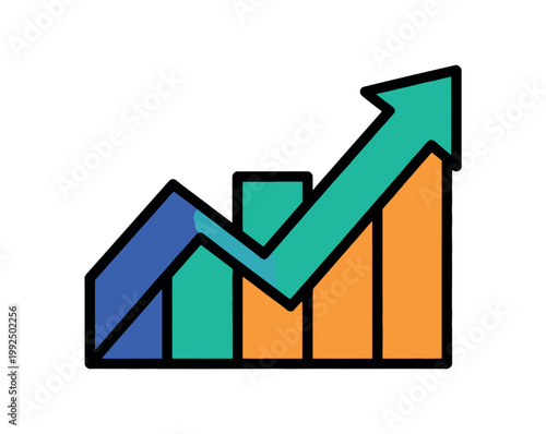 A colorful bar graph with an upward trend arrow indicating growth and success in business or finance