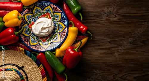 Happy cinco de mayo vibrant mexican fiesta with sombrero and colorful chili peppers