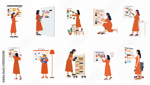 Set of flat illustrations featuring a woman project manager organizing tasks on kanban boards with sticky notes for efficient workflow and agile management.