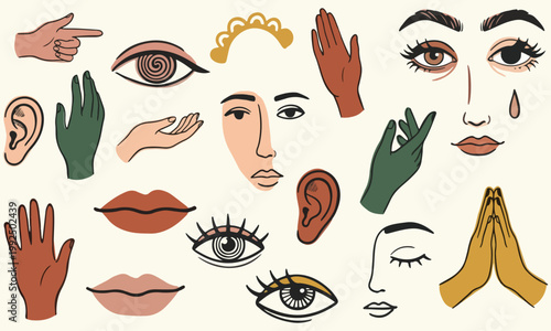 Abstract Human Face and Body Parts Flat Line Art Collection on Cream Background