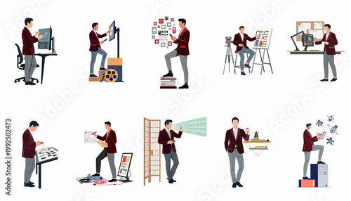 Professional Media Creator and Digital Artist Set Showing Various Creative Industry Roles and Technological Interactions in a Minimalist Illustration Style