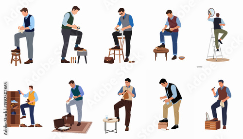 Collection of illustrations showing a man grooming, polishing shoes, and maintaining his wardrobe in various poses and settings.