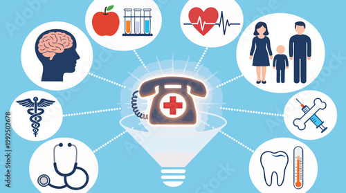 Comprehensive Telehealth and Healthcare Services Infographic with Medical Icons