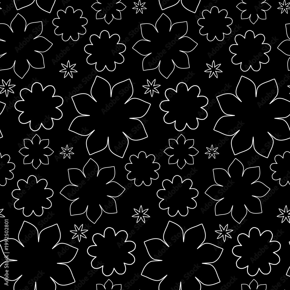 Fototapeta premium Repeating design shows white line art flowers of different sizes. Some have distinct petals, others are wavy circles. They stand out against the dark black background.