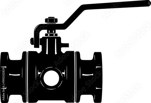 Black silhouette of a ball valve with handle isolated on white background
