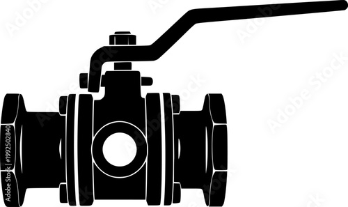 Black silhouette of a ball valve with handle isolated on white background
