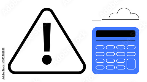 Data security, risk management, cloud computing, financial calculations, caution, business solutions. Warning symbol next to cloud-enabled calculator. Data security and risk management concept