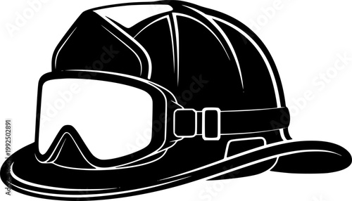 Black silhouette of firefighter helmet with safety goggles isolated on white background
