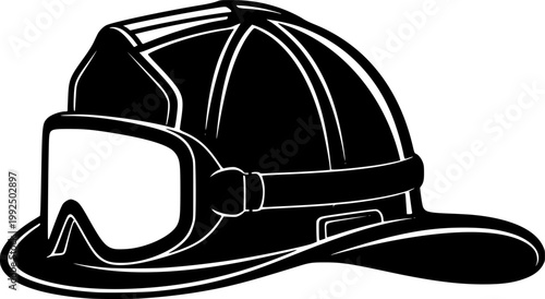 Black silhouette of firefighter helmet with safety goggles isolated on white background
