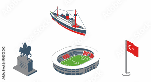 Isometric Turkish icons featuring Bandirma ship stadium statue and flag