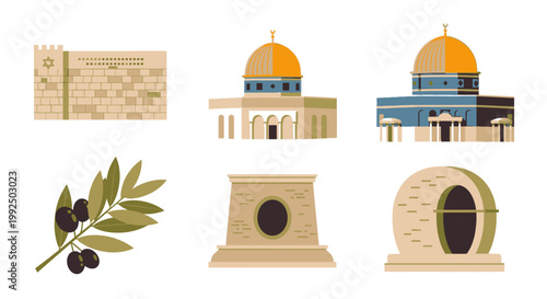 Jerusalem landmarks and religious symbols in flat vector style