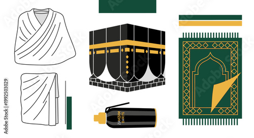 Kaaba and Hajj pilgrimage essentials flat vector illustration