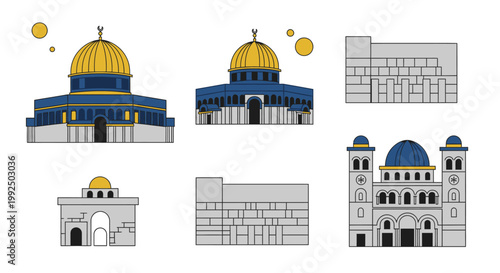 Jerusalem landmarks flat vector illustration set on white background