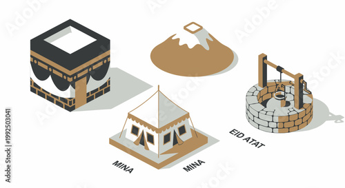 Kaaba Mina tent and mountain isometric icons for Hajj pilgrimage