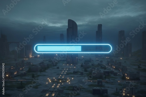Glowing neon loading bar over futuristic city. Urban development progress