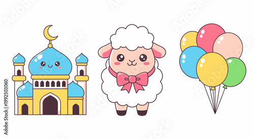 Kawaii Eid Adha mosque sheep and balloons illustration