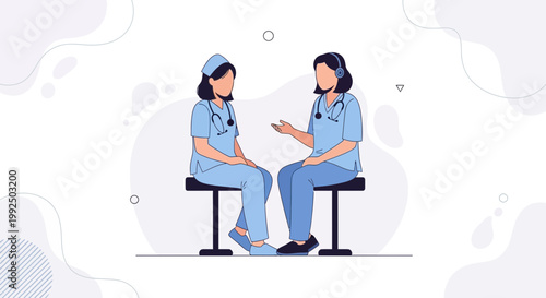 Two nurses in blue uniforms discussing medical information while sitting on stools