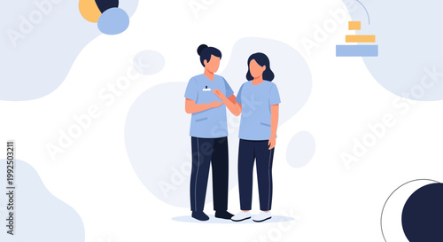 Two nurses in scrubs discussing medical information, modern flat illustration